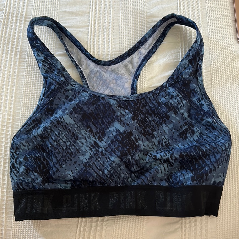 The brand Pink’s blue/black sports bra